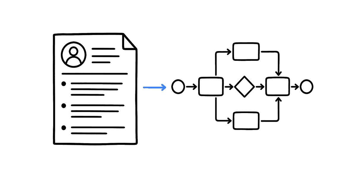 Маркерная иллюстрация резюме системного аналитика: схема процесса BPMN и синяя стрелка требования к системе