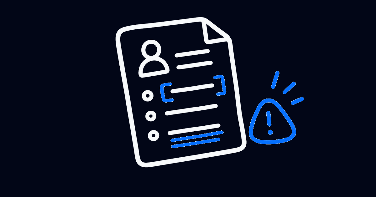 Маркерная иллюстрация резюме с синими отметками ошибок и предупреждением