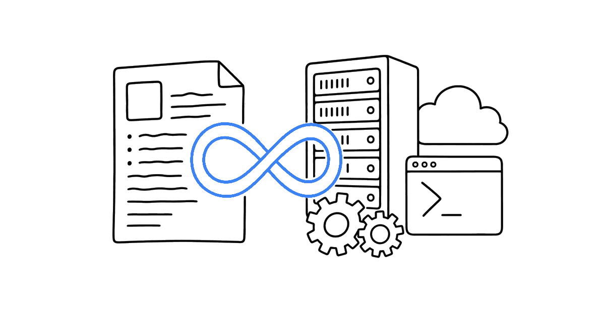 Маркерная иллюстрация резюме DevOps-инженера: лист резюме, сервер и шестерёнки, связанные синей петлёй бесконечности