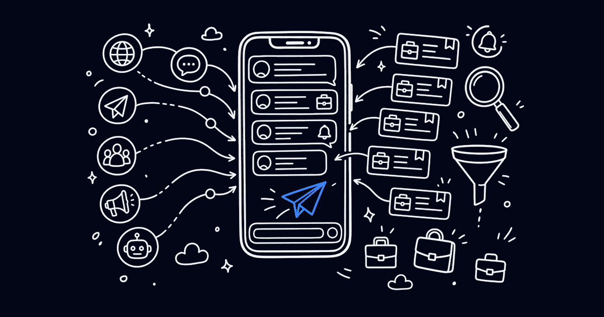 Маркерная иллюстрация: смартфон с лентой сообщений, в которую стекаются карточки вакансий из разных каналов, синий бумажный самолетик